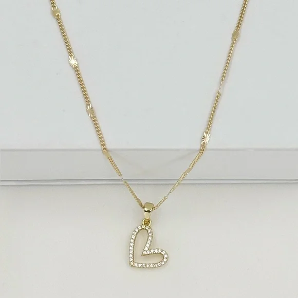 14K Gold Plated Asymmetric Heart Pendant Necklace w/ CZ Stones | Dainty Jewelry - Picture 8 of 14